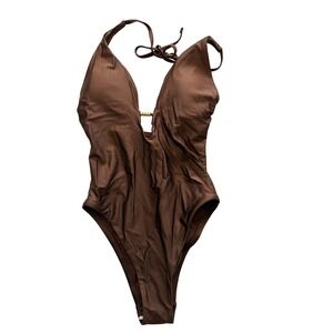Shade & Shore Swimsuit Womens Small Brown One Piece Halter High Leg Cheeky